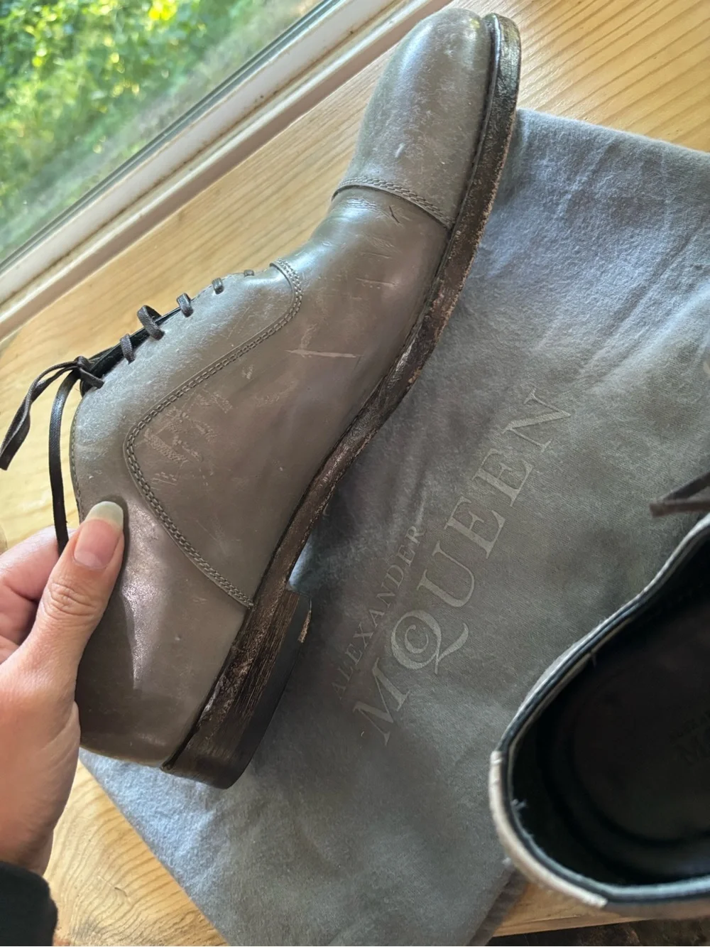Alexander McQueen Men's Gray Leather Cap-Toe Derby Oxfords